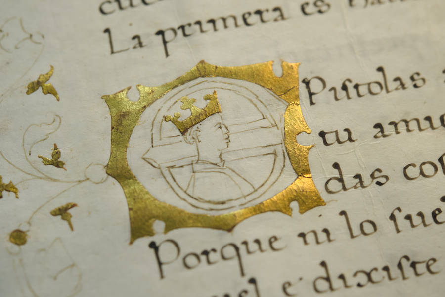 Spanisches Handschriftenfragment mit Initiale, von der nur Vorzeichnung und Vergoldung ausgeführt wurden (Morbio 17, 3 (fol. 1v)).